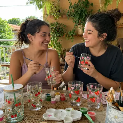 Duas jovens pintando taças com margaridas e cerejas na varanda