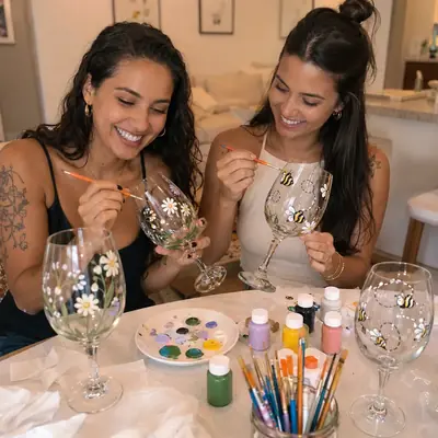 Duas mulheres pintando taças com flores e abelhinhas em casa