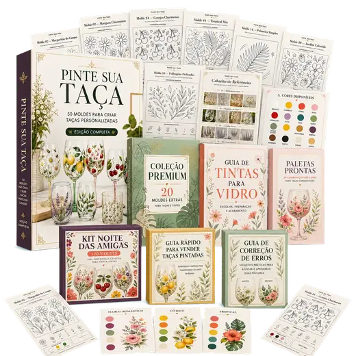 Mockup da oferta completa Pinte Sua Taça com o ebook principal, moldes e os seis bônus