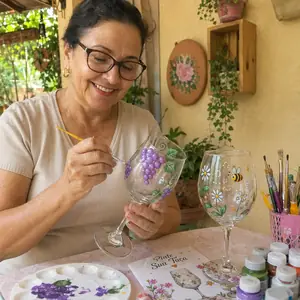 Senhora pintando uma taça com cachos de uva usando os moldes