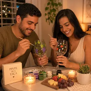 Casal pintando taças juntos em uma noite a dois